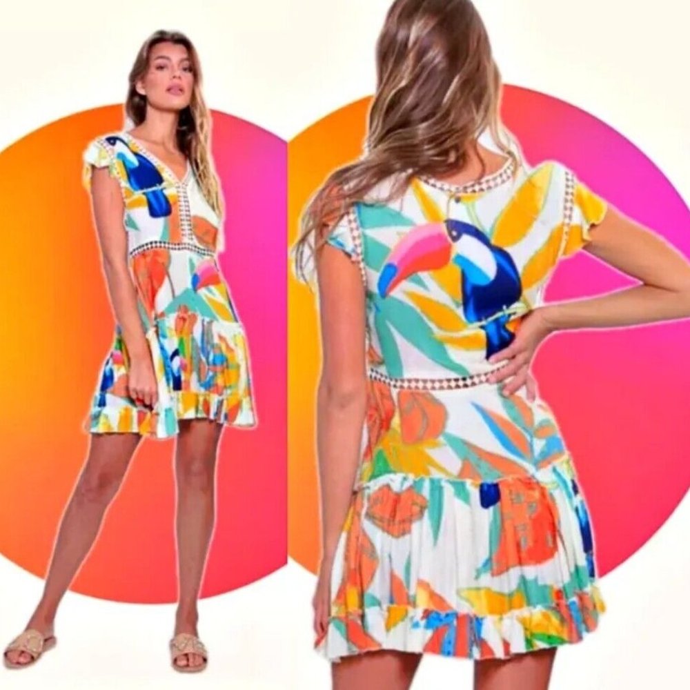 Z&L EUROPE Dress Medium Tassel Tie Lace Trim Tiered Mini Tucan Print V Neck